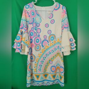 JB by Julie Brown NYC Multicolor Long Sleeve Dress Ruffle Colorful Womens Size 4